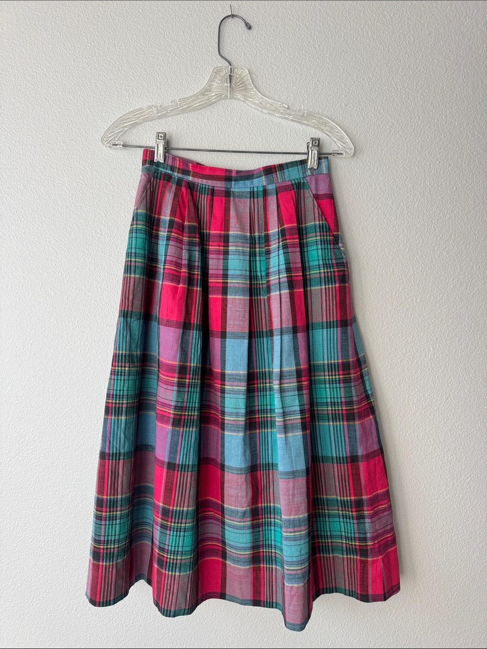 Celtic Fair Vintage Plaid Midi Skirt in Pink and Teal